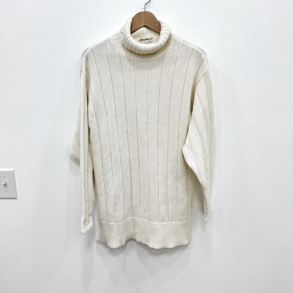 EDDIE BAUER-Cream Ribbed Turtle Neck Cotton Sweater-Size  Medium cable knit